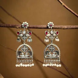 NAMAN ARTS Silver-Plated Artificial Stones Studded & Beaded Oxidised Drop Earrings-image-88