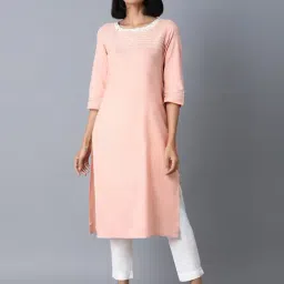 W Blush Pink Cotton Embroidered Straight Kurta-image-44