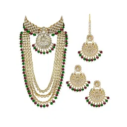 Peora Gold-Plated Kundan Beads Bridal Choker Long Necklace Earrings Maangtikka Wedding Jewellery Set image 5