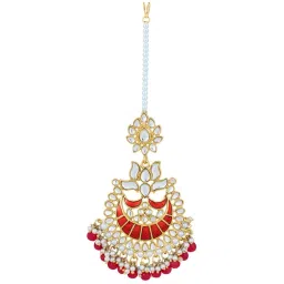 Peora Gold-Plated Kundan Pearl Enamel Maang Tikka Earring Set Jewellery image 5