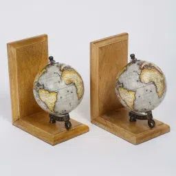 fabindia home Fabindia Grey & Brown Wood Globe Book End - Set of 2 image 3