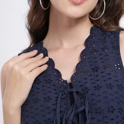 glitchez Floral Schiffli Embroidered Pure Cotton Cropped Top With Tie-Up Closure image 3