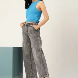 4WRD by Dressberry Women Charcoal Grey Wide Leg Light Fade Jeans-image-6