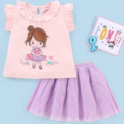 Babyhug Frill Sleeves Cotton Top & Skirt Set With Net Detailing Placement Print- Pink Lilac-image-34