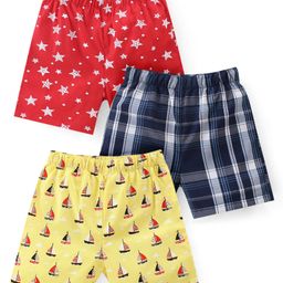 Babyhug Cotton Woven Regular Boxers Stars & Boats Print Pack of 3 - Blue Yellow & Red-image-35