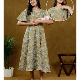 Dummy Shape Half Bell Sleeves Floral Printed Maternity Kurta With Nursing Access - Olive Green-image-94