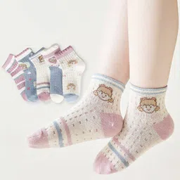 Kidofash Cotton Pack Of 5 Striped & Cute Girl Designed Socks - Pink-picture-14