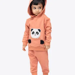 Ariel Pure Cotton Knit Full Sleeves Panda Patch Detailed Light Winter Hooded Sweatshirt & Joggers Set- Orange-picture-14