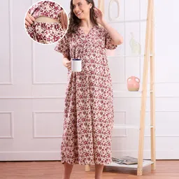 Bella Mama Cotton Woven Half Sleeves Maternity Nighty with Floral Print - Maroon-picture-31
