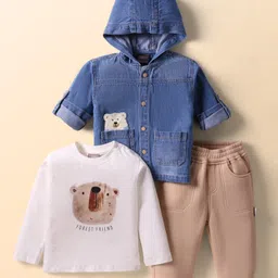 Little Kangaroos Cotton Woven Winter Full Sleeves Wear Suits With Hooded Jacket & Teddy Print - Blue Beige & Brown-picture-27