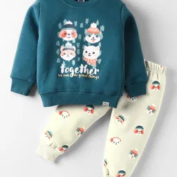 Teddy Knit Full Sleeves Fleece Winter Night Suit with Animal Print - Teal Blue-picture-12