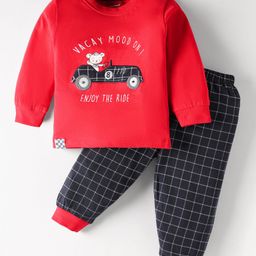 CUCUMBER Sinker Knit Full Sleeves T-Shirt & Lounge Pant with Car Patch Detailing & Checks - Red-picture-42