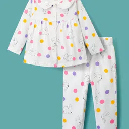 Babyhug Cotton Knit Full Sleeves Co-ords Night Suit With Animal Print - White-picture-13