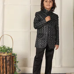 P-MARK Cotton Woven Full Sleeves Abstract Embroidered Sequins Embellished Jodhpuri Kurta Pant Set - Black-picture-23