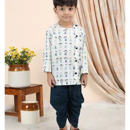 Polka Tots Cotton Woven Full Sleeves Characters Printed Angarkha Kurta With Dhoti Set - Navy Blue-picture-21