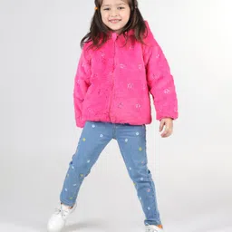 Babyhug Woven Full Sleeves Hooded Fur Jacket with Star Print - Hot Pink image 2