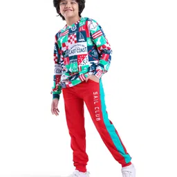 Ollington St. 100% Cotton Knit Full Sleeves Sweatshirt & Joggers Set TextPrint - White & Red image 2