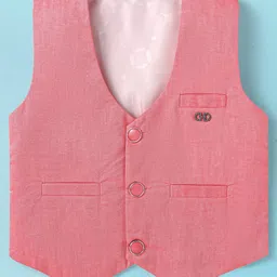Rikidoos Full Sleeves Solid Shirt With Waistcoat Pant Cap & Bow Set - Red & White image 2