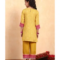 BIBA Woven Three Fourth Sleeves Bandhani Printed & Mirrow Work Embellished Straight Kurta Palazzo Set - Yellow image 3