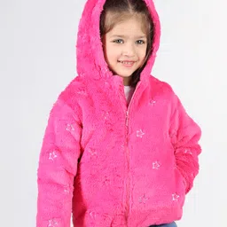 Babyhug Woven Full Sleeves Hooded Fur Jacket with Star Print - Hot Pink image 3