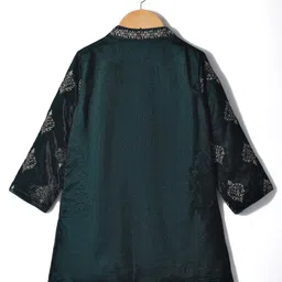Babyhug Velvet Woven Full Sleeves Kurta Pyjama Set with Floral Embroidery - Dark Green image 3