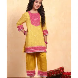 BIBA Woven Three Fourth Sleeves Bandhani Printed & Mirrow Work Embellished Straight Kurta Palazzo Set - Yellow image 4