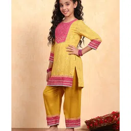 BIBA Woven Three Fourth Sleeves Bandhani Printed & Mirrow Work Embellished Straight Kurta Palazzo Set - Yellow image 5