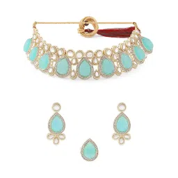 Zaveri Pearls Turquoise Blue Kundan & Stones Choker Necklace Earring & Ring Set-ZPFK16182 image 5