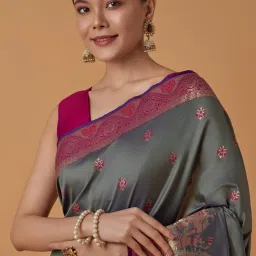 Monjolika Fashion Olive & Green Banarasi Silk Zari Work Saree With Blouse image 5