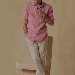 ANDAMEN Pink Regular Fit Check Linen Shirt image 5