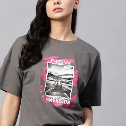 The Roadster Lifestyle Co Women Charcoal Grey & White Cotton Graphic Print Drop-Shoulder Sleeves T-shirt-picture-14