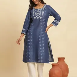 W Blue Cotton Embroidered Straight Kurta image 5