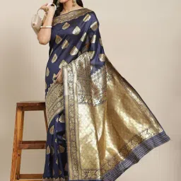 Ishin Navy Woven Saree With Unstitched Blouse-image-39