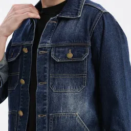 showoffff SHOWOFF Navy Blue Denim Slim Fit Solid Jacket image 5