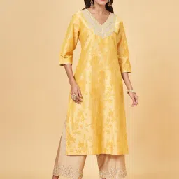 Rangmanch by Pantaloons Yellow Cotton Embroidered Straight Kurta-picture-11