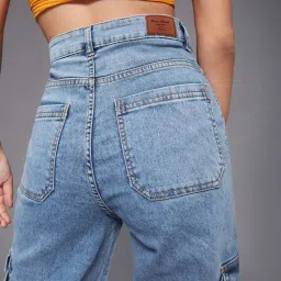 Miss Chase Blue Wide Leg High Rise Clean Look Regular Length Stretchable Patch Pocketed Denim Jeans image 5