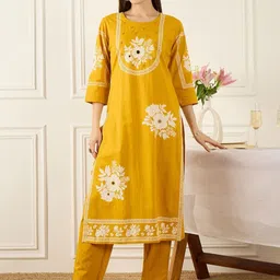 Indo Era Women Floral Printed Regular Mirror Work Pure Cotton Kurta with Trousers & With Dupatta image 3