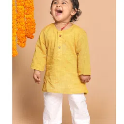 Vastramay Pure Handloom Cotton Full Sleeves Solid Kurta &Pyjama - Yellow & White-picture-12