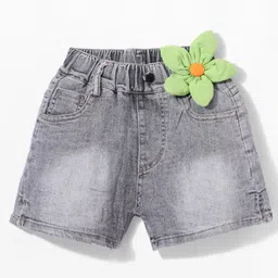 Kookie Kids Denim Washed Shorts with Floral Applique - Black-image-58