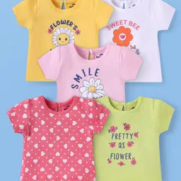 Doodle Poodle 100% Cotton Knit Half Sleeves Tops With Heart & Floral Print Pack Of 5 - Pink White & Yellow-picture-10
