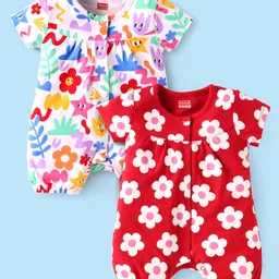 Babyhug 100% Cotton Knit Half Sleeves Rompers With Floral Print Pack of 2 - Red & White-picture-21