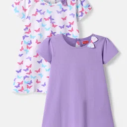 Babyhug Single Jersey Knit Half Sleeves Frock With Butterfly Print & Bow Applique Pack Of 2 -Purple & White-picture-38
