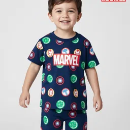 Babyhug Single Jersey Knit Half Sleeves Short Co-ords Night Suit With Marvel Graphics - Navy Blue-image-84