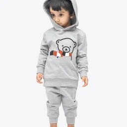 Ariel Pure Cotton Knit Full Sleeves Bear Printed Light Winter Hooded Sweatshirt & Joggers Set- Grey Melange-picture-10