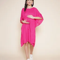 Mine4Nine Rayon Woven Half Batwing Sleeves Solid Maternity Kaftan Dress With Nursing Access - Pink-picture-18