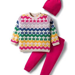 Babyhug Cotton Knitted Full Sleeves Sweater Set With Floral Design & Cap - Pink & White-picture-21