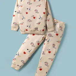 Doreme Terry Woven Full Sleeves Co-ord Night Suit with Bonjour Paris Text Print - Cream-picture-19