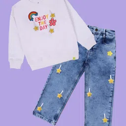 Kiddopanti Fleece Knit Full Sleeves Enjoy The Day Text Printed Light Winter Sweatshirt & Jeans Set - White & Light Blue-picture-34