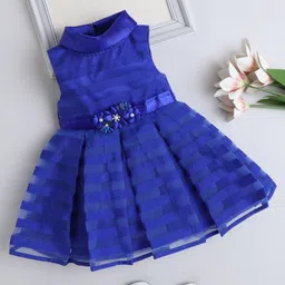 The Magic Wand Woven Sleveeless Striped Floral Applique Detailed Pearl & Sequins Embellished Box Pleated Flared Dress - Royal Blue-picture-18