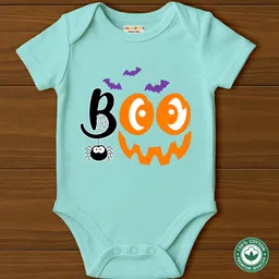 BLUSHES 100% Cotton Knit Halloween Theme Half Sleeves Boo Text Printed Onesie - Sea Green image 1